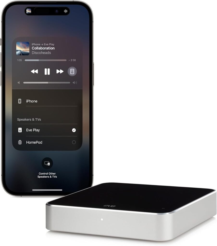 Eve Play – Audio Streaming Interface for AirPlay, Upgrade to AirPlay audio streaming, Latency compensation, digital-to-analog converter, Three audio outputs, Apple Home, Ethernet, 2.4/5 GHz Wi-Fi