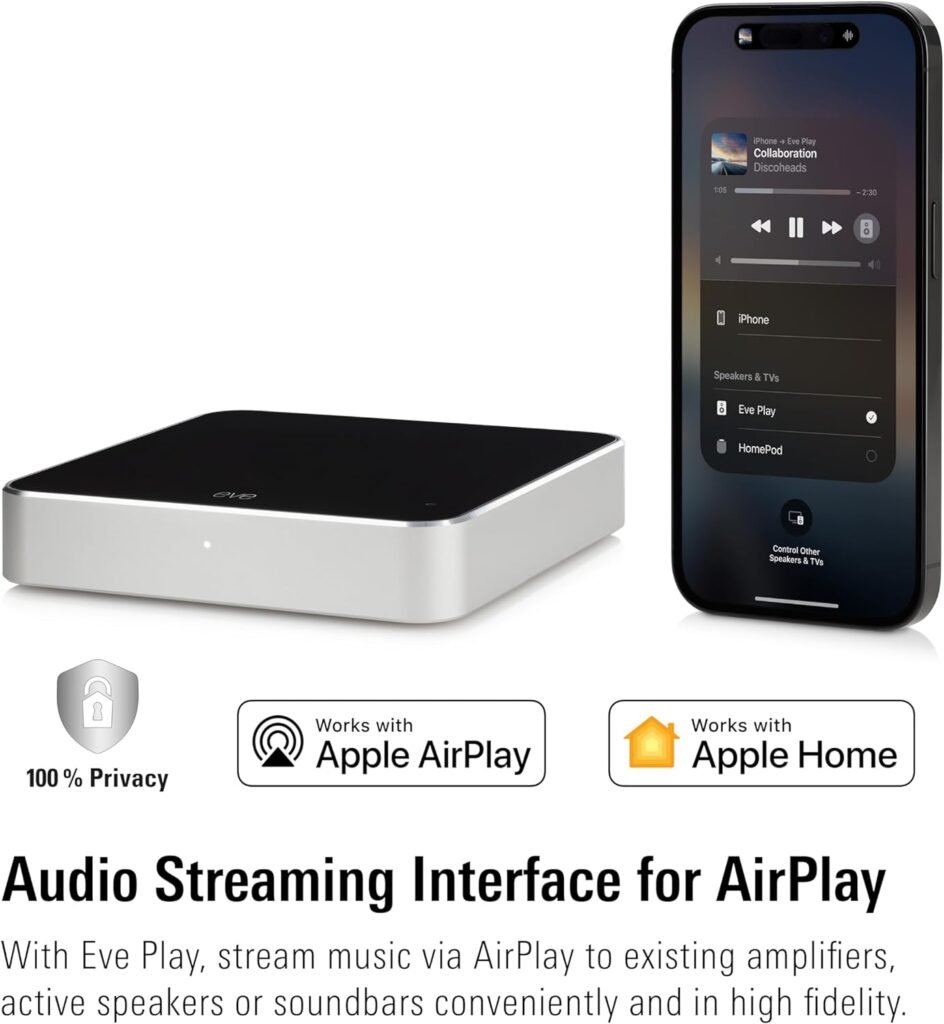 Eve Play – Audio Streaming Interface for AirPlay, Upgrade to AirPlay audio streaming, Latency compensation, digital-to-analog converter, Three audio outputs, Apple Home, Ethernet, 2.4/5 GHz Wi-Fi