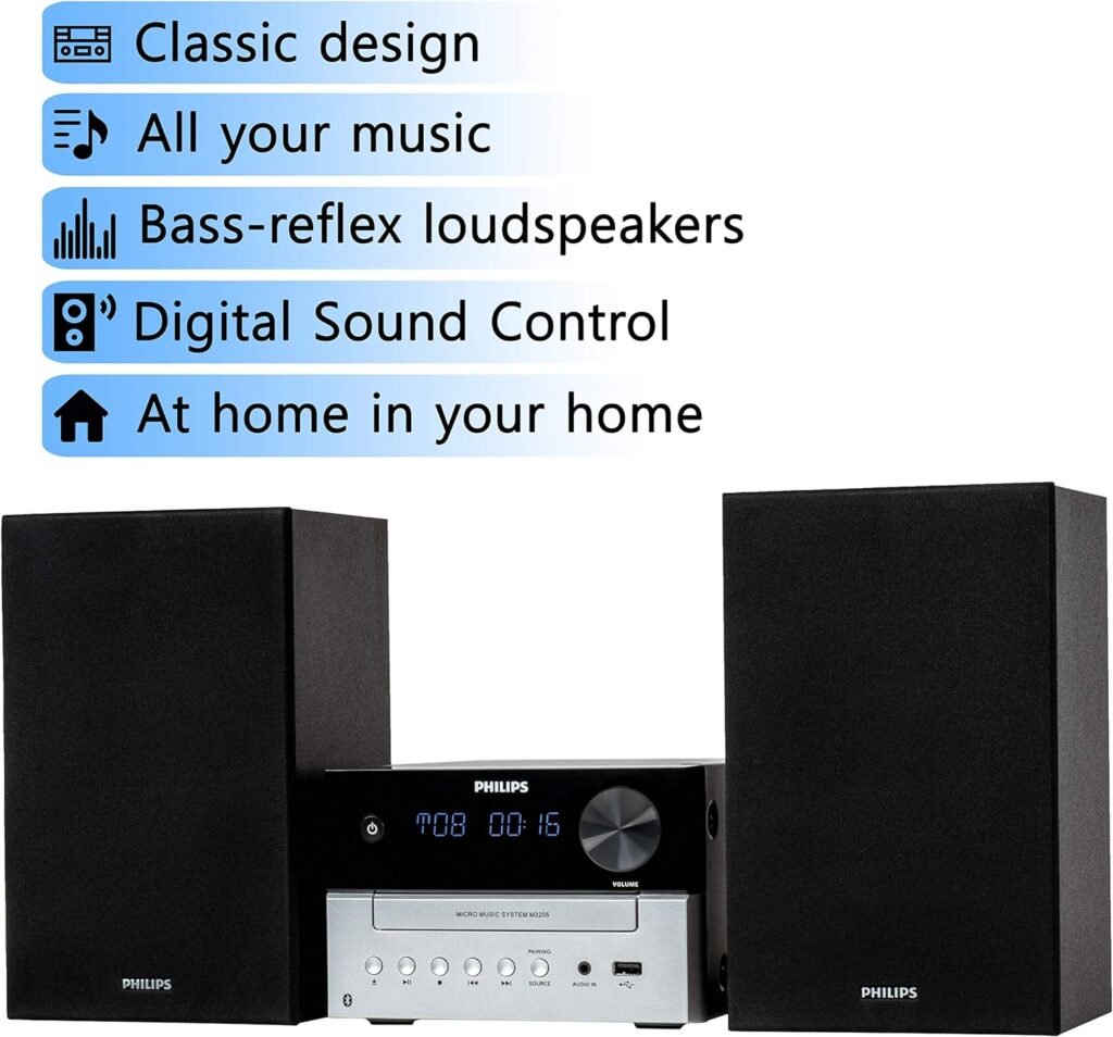 Philips Bluetooth Stereo System for Home with CD Player, Wireless Streaming, MP3, USB, Audio in, FM Radio, 15W, Micro Music Sound System